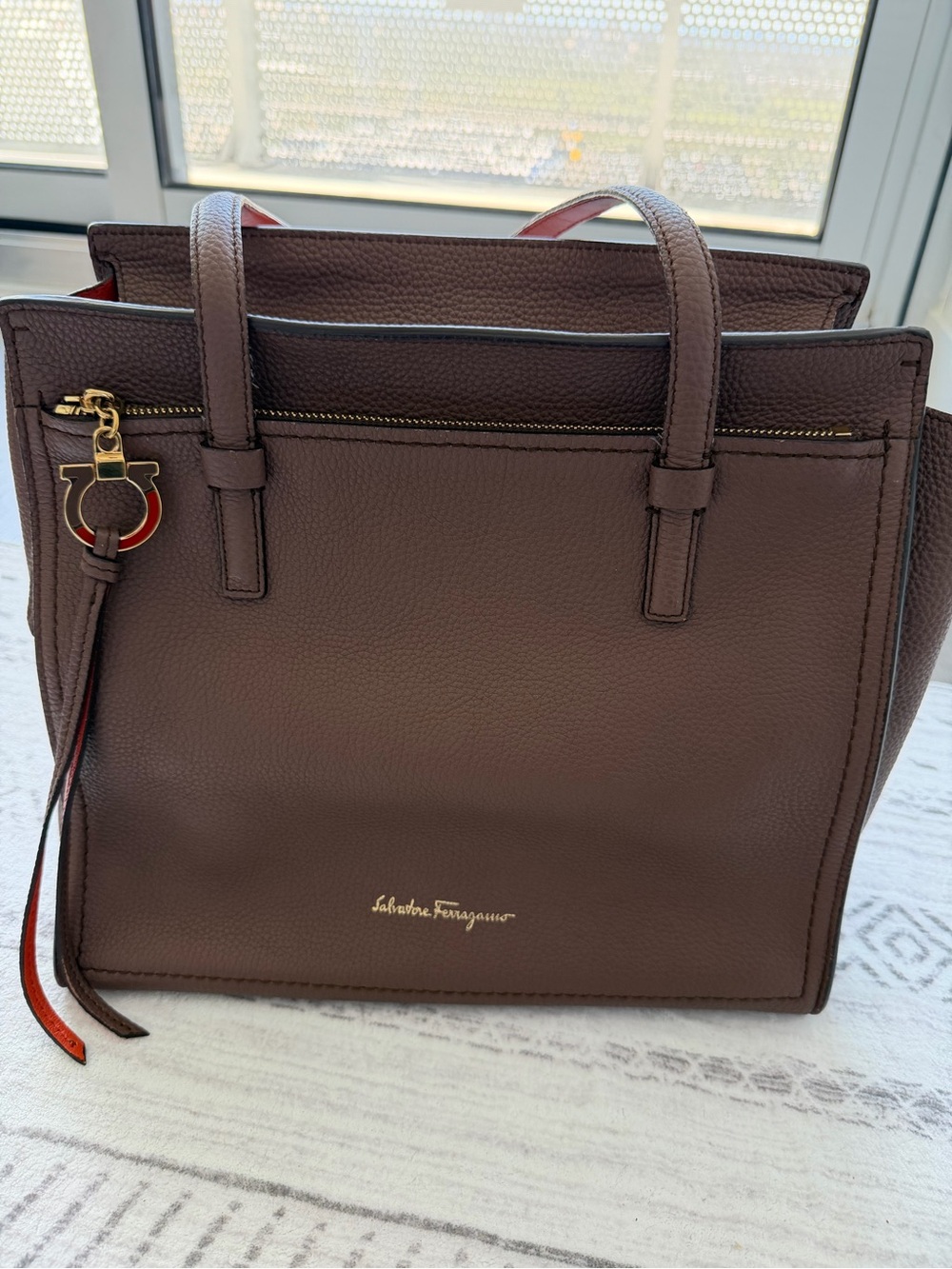 Salvatore Ferragamo Amy Leather Tote Bag Taupe Brown Orange Made in Italy